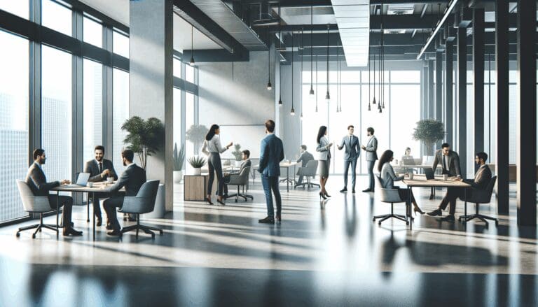 Coworking moderno con emprendedores colaborando en un espacio abierto