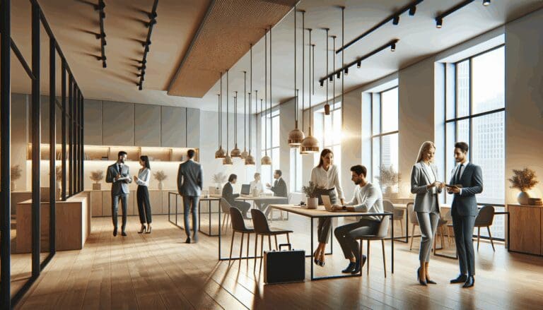 Espacio de coworking moderno con emprendedores colaborando.