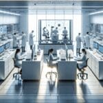 Laboratorio moderno con científicos analizando muestras en un entorno tecnológico