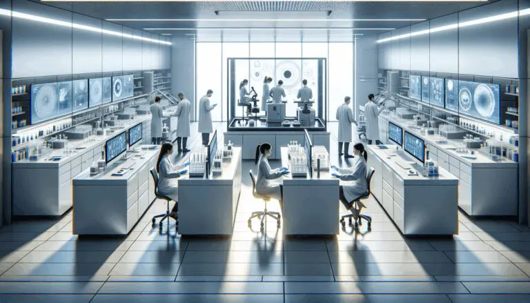 Laboratorio moderno con científicos analizando muestras en un entorno tecnológico