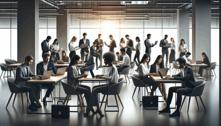 Espacio de coworking moderno con emprendedores colaborando en laptops