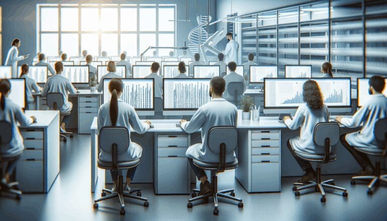 Laboratorio moderno con científicos trabajando en análisis genético con computadoras