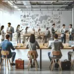 Grupo de emprendedores en espacio de coworking colaborando en proyectos tecnológicos sostenibles