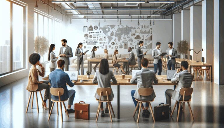 Grupo de emprendedores en espacio de coworking colaborando en proyectos tecnológicos sostenibles