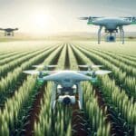 Campo agrícola con drones y sensores tecnológicos sobre cultivos verdes