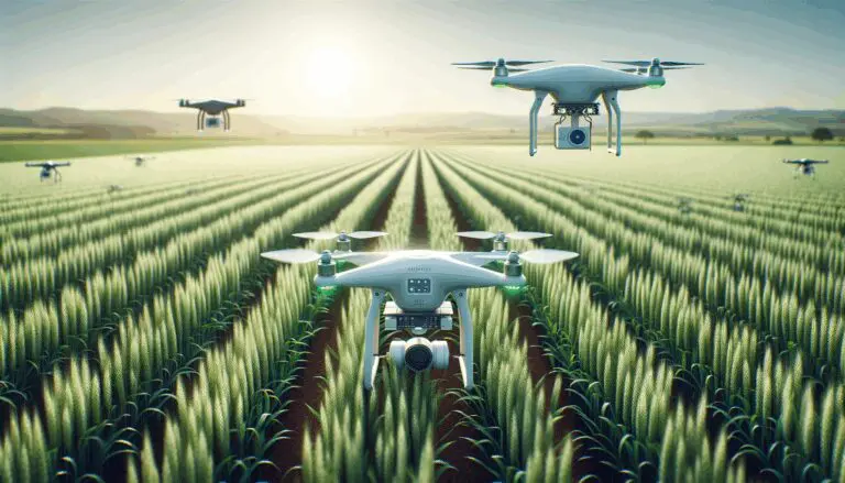 Campo agrícola con drones y sensores tecnológicos sobre cultivos verdes