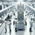 Sala limpia de producción de chips con ingenieros trabajando en maquinaria tecnológica.