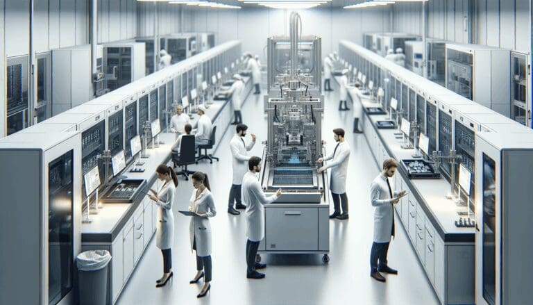 Sala limpia de producción de chips con ingenieros trabajando en maquinaria tecnológica.