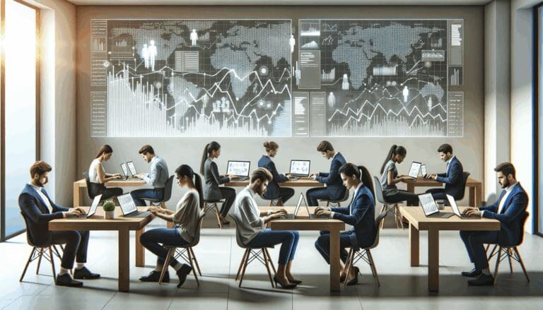 Oficina moderna con emprendedores trabajando en laptops y pantallas con gráficos financieros