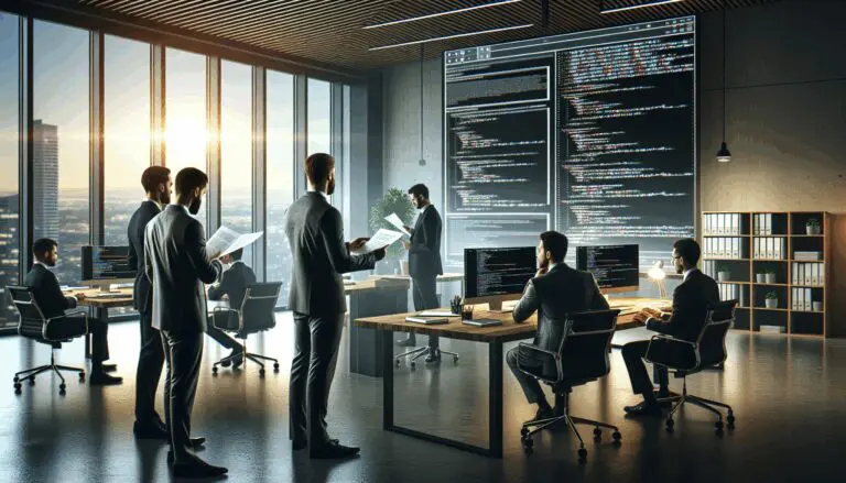 Oficina moderna con emprendedores revisando documentos legales y pantallas con código