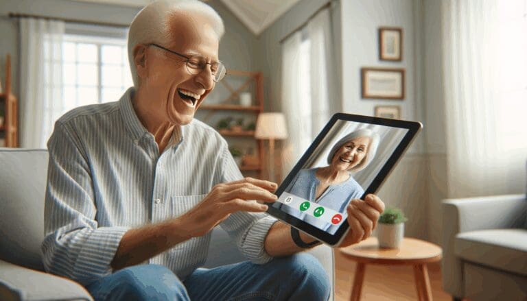 Adulto mayor sonriente recibiendo una videollamada en una tablet en su hogar