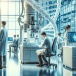 Laboratorio de biotecnología con científicos trabajando entre equipos de análisis genético