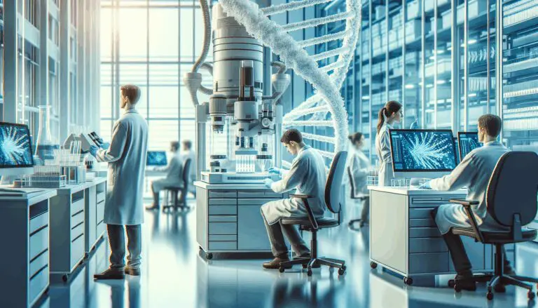 Laboratorio de biotecnología con científicos trabajando entre equipos de análisis genético