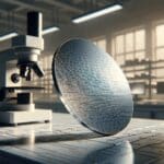 Primer plano de una oblea de silicio sobre una mesa de laboratorio bien iluminada