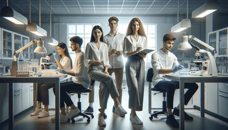 Equipo de jóvenes trabajando en un laboratorio moderno de biotecnología