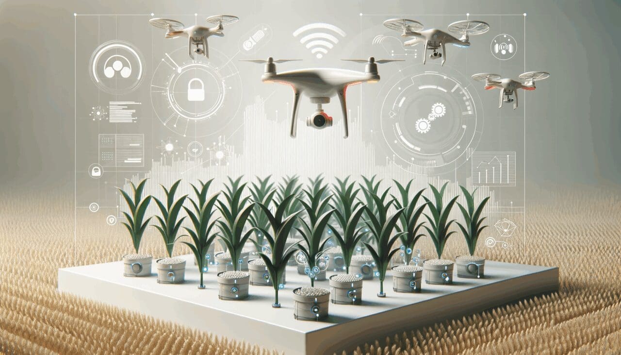 Cultivos tecnológicos con sensores y drones en un entorno rural moderno