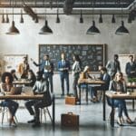 Emprendedores colaborando en un espacio de coworking moderno con pizarras y laptops