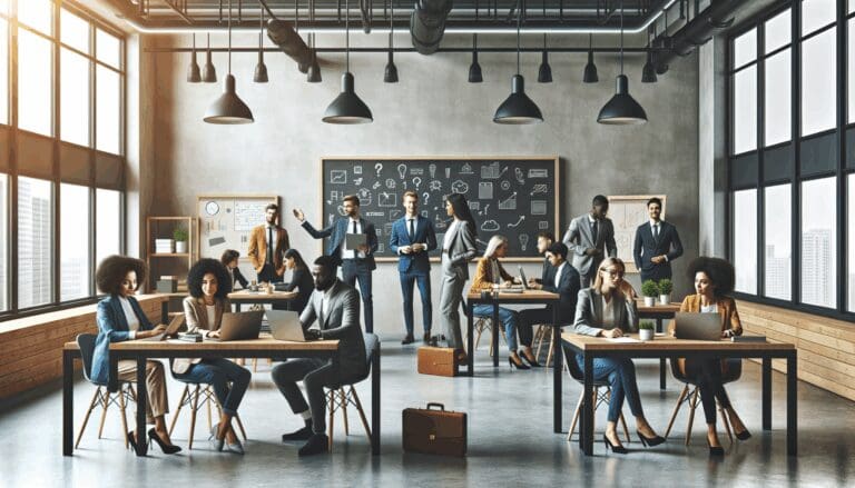 Emprendedores colaborando en un espacio de coworking moderno con pizarras y laptops