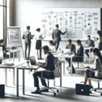 Oficina moderna con emprendedores trabajando en laptops y pizarras con diagramas de flujo