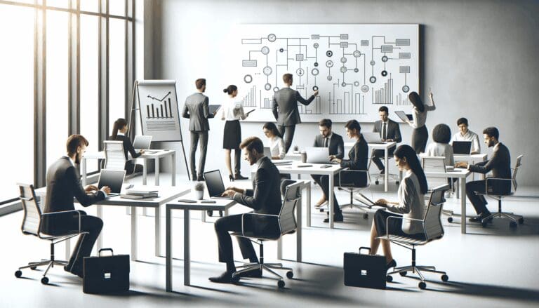 Oficina moderna con emprendedores trabajando en laptops y pizarras con diagramas de flujo