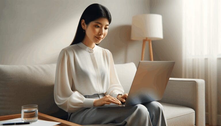 Persona usando una laptop en casa con una videollamada médica con fondo neutro