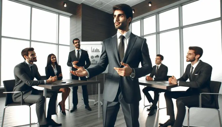 Emprendedor dando una presentación frente a inversionistas en una sala moderna