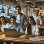 Emprendedores latinos trabajando en un coworking tecnológico en California