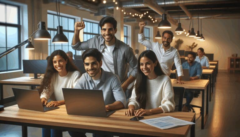Emprendedores latinos trabajando en un coworking tecnológico en California