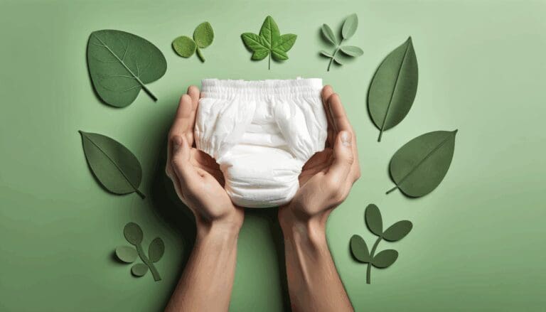 Primer plano de manos sosteniendo un pañal blanco frente a un fondo natural verde y ecológico