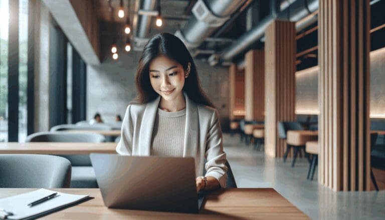 Retrato de una emprendedora joven trabajando frente a una laptop en un espacio de coworking moderno