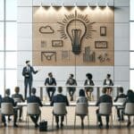 Sala de conferencias moderna con emprendedores presentando sus ideas a un jurado atento