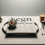 Plato vegano estilo gourmet sobre una mesa minimalista con fondo neutro