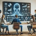 Equipo de emprendedores trabajando en una computadora con gráficos de datos e inteligencia artificial en pantalla