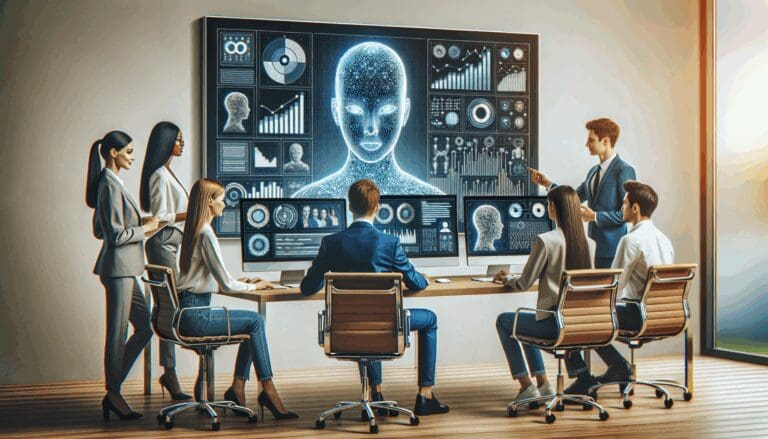 Equipo de emprendedores trabajando en una computadora con gráficos de datos e inteligencia artificial en pantalla