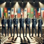 Equipo de ajedrez uniformado en evento oficial, fondo con banderas e iluminación profesional