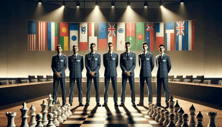 Equipo de ajedrez uniformado en evento oficial, fondo con banderas e iluminación profesional