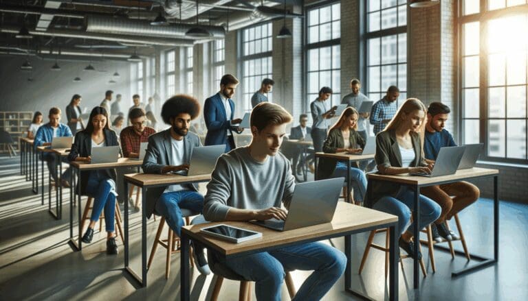 Grupo de jóvenes emprendedores trabajando en laptops dentro de un espacio de coworking moderno