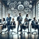 Emprendedores colaborando en un espacio de trabajo moderno con tecnología avanzada.