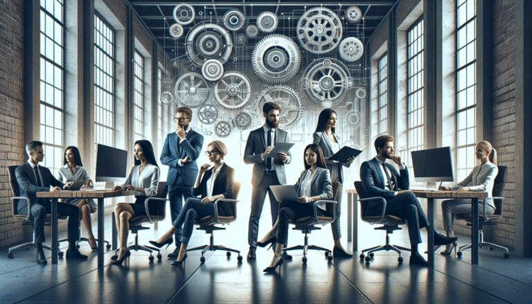 Emprendedores colaborando en un espacio de trabajo moderno con tecnología avanzada.