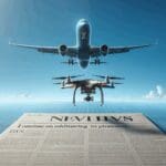 Dron y avión volando simultáneamente en un cielo azul amplio