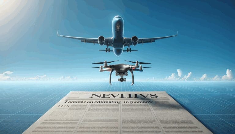 Dron y avión volando simultáneamente en un cielo azul amplio