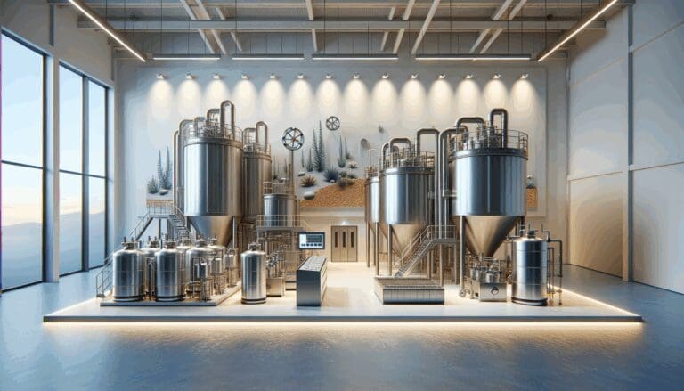 Fotografía de un laboratorio costero moderno con maquinaria bioindustrial y tanques de procesamiento