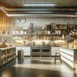 Interior de una cocina industrial moderna con productos alimentarios innovadores