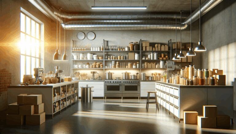 Interior de una cocina industrial moderna con productos alimentarios innovadores