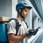 Joven repartidor con casco y mochila usando una app móvil en una ciudad moderna