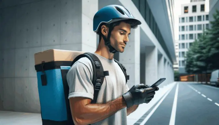 Joven repartidor con casco y mochila usando una app móvil en una ciudad moderna