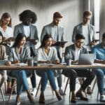 Equipo de trabajo diverso reunido en una oficina moderna con ambiente relajado