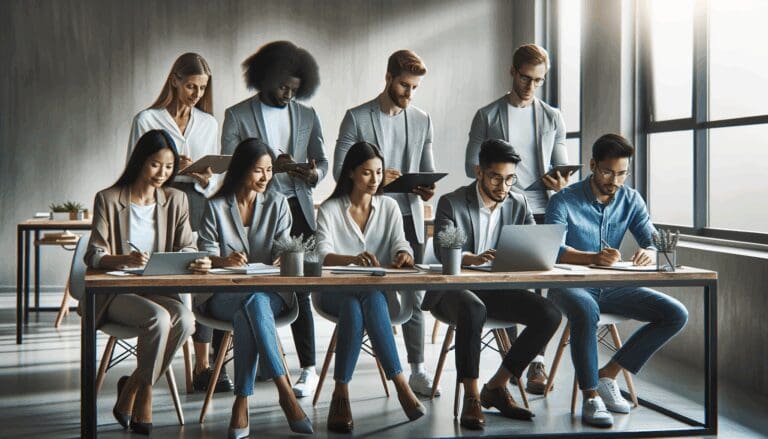 Equipo de trabajo diverso reunido en una oficina moderna con ambiente relajado