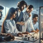 Equipo de emprendedores analizando prototipos tecnológicos en un laboratorio moderno