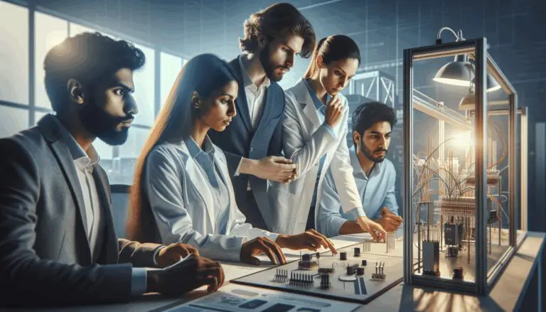 Equipo de emprendedores analizando prototipos tecnológicos en un laboratorio moderno